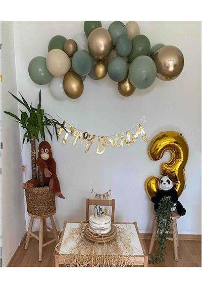 7 Küf Yeşili 3 Krom Gold 3 Kum Rengi Pastel Balon Gold Happy Birthday Banner Mini Zincir Balon Seti