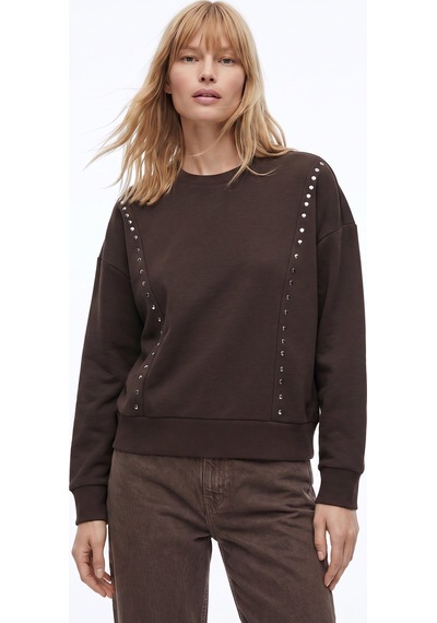 Fabrika Kahverengi Kadın Bisiklet Yaka Oversize Taşlı Sweatshirt F5wl-swt0038 Kahve