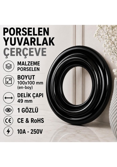 Porselen Yuvarlak Çerçeve 100 100 Mm 1 Gözlü, Sıva Altı-siyah