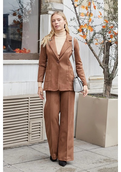Süet Kumaş Cep Detaylı Düğmeli Şık Blazer Ceket-taba Taba