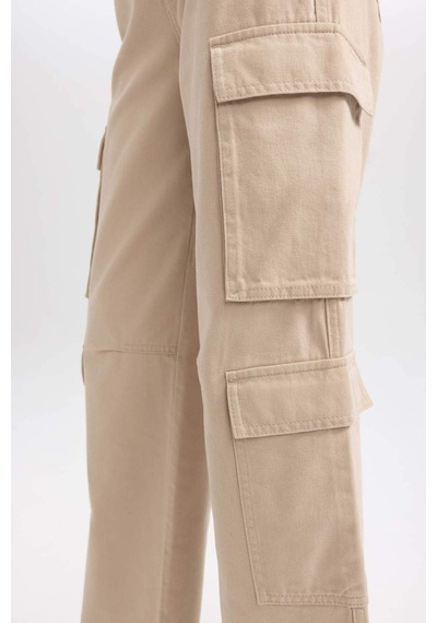 Defacto Coool Straight Fit Geniş Paça Yüksel Bel Kargo Cepli Gabardin Pantolon B1450ax23aubg159 Bej