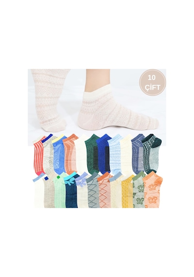 Kral Socks Kadın Çorap Renkli 10 Çift Likralı Pamuklu Penye Patik Çorap Çok Renkli