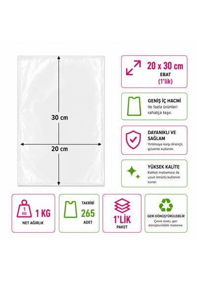 Bakkaliye Poşeti 20x30 Cm 265 Adet 1'lik 1 Kg Şeffaf Sızdırmaz Bakliyat Şeker Balık Market Poşeti