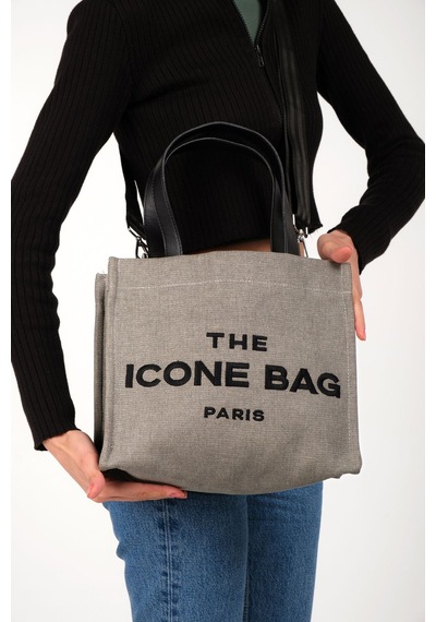 İcone Bag Gri The Icone Bag Paris İşlemeli Tote Kadın Kol Çantası Ve Omuz Çantası Orta Boy Gri
