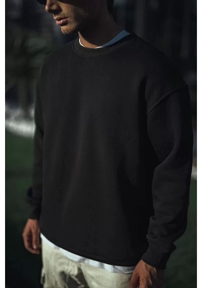 Kışlık Bisiklet Yaka Üç İplik Basic Sweatshirt - Siyah Siyah