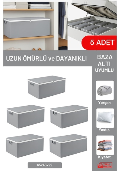 5'li Set - Antrasit Büyük Boy Baza Altı & Çekyat Altı Hurç 65 X 45 X 22 Cm Tela 45 X 65 Gri Tr Diğer