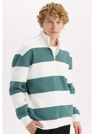 DeFacto Boxy Fit Dik Yaka Yarım Fermuarlı Çizgili Sweatshirt C7045AX24AUGN469 Yeşil
