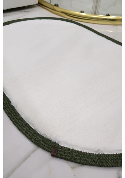 Kaymaz Taban Puffy Peluş Ultra Yumuşak 50x70 Cm Bordürlü Şık Tasarım, Suya Dayanıklı Banyo Paspası Beyaz-yeşil