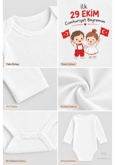 Babyden's İlk 29 Ekim Cumhuriyet Bayramım Baskılı Bebek Çıtçıtlı Body Uzun Kollu %100 Pamuk Unisex Zıbın Badi Beyaz