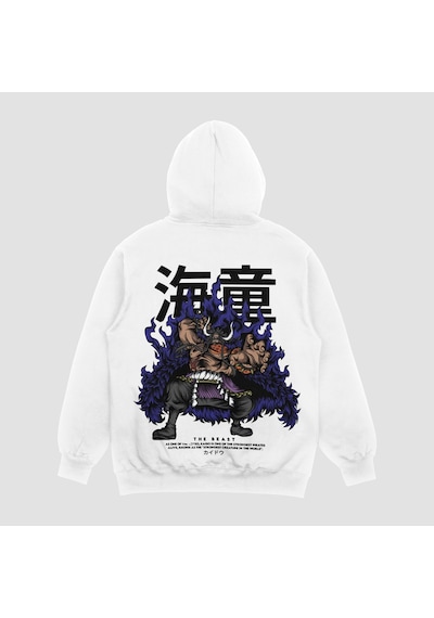 Unisex Beyaz Kaido Baskılı Hoodie Oversize Kapşonlu Sweatshirt Beyaz