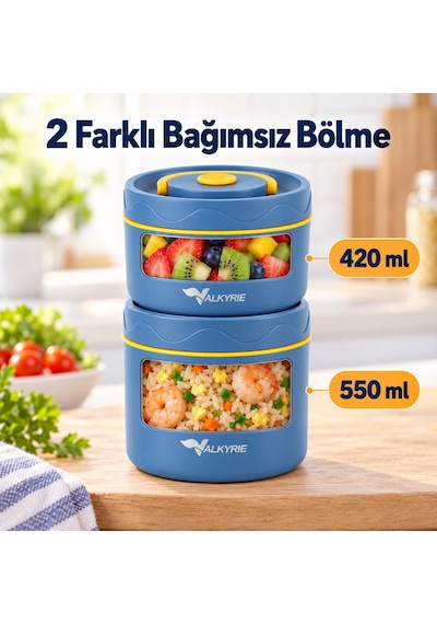 Valkyrie 2 Katlı Taraftar 304 Paslanmaz Çelik Yemek Termosu 420+550 Ml Isı Yalıtımlı Çantalı Lacivert