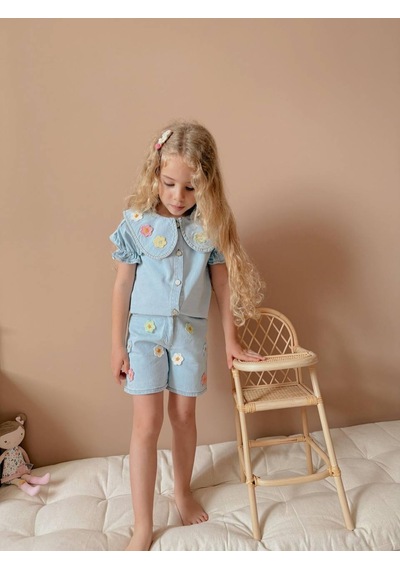 Jolly Kids Kız Çocuk Mavi Kot Gömlekli Şortlu Denim Takım Mavi