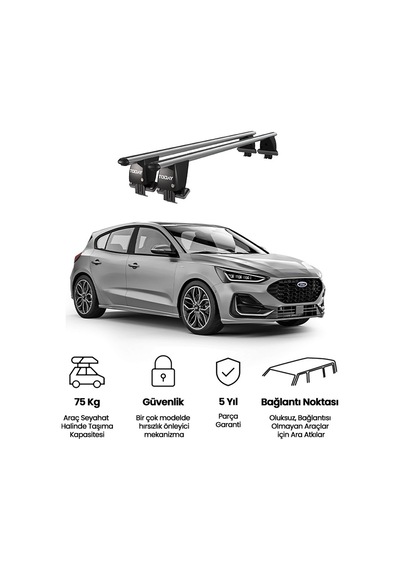 Royal Ford Focus Iv 2018 Ve Sonrası Uyumlu Gri Kilitli Ara Atkı Port Bagaj Tavan Barı