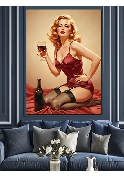 Şarap İçen Kırmızı Gecelikli Seksi Retro Kadın Dekoratif Kanvas - Mdf Ahşap Tablo