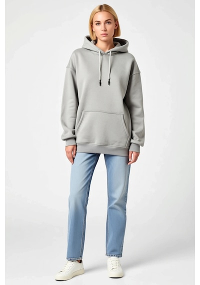 Ersefa Kadın Kapşonlu Üç İplik Penye Basic Sweatshirt Kordonlu Kanguru C Gri