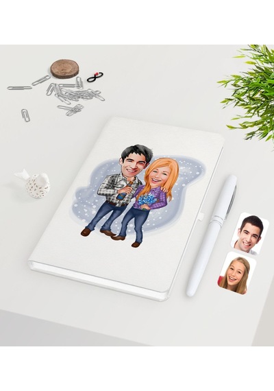 Kişiye Özel Sevgililer Karikatürlü Beyaz Defter Kalem Seti-50