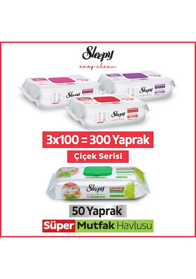 Sleepy Easy Clean Çiçek Serisi&Bergamot Yağlı Süper Mutfak Yüzey Temizlik Havlusu&Mendili(3x100+50)