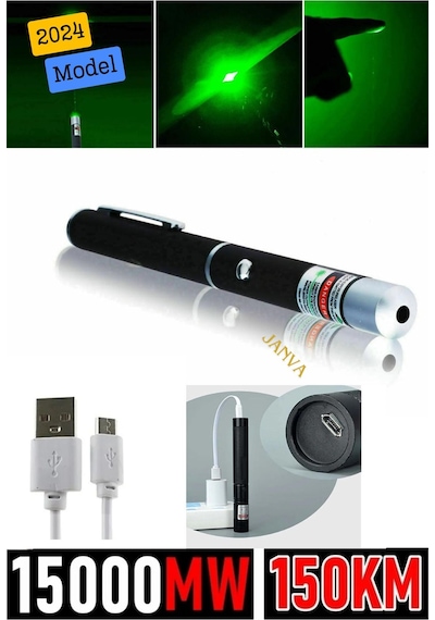 Janva Usb Şarjlı Ultra Yeşil Lazer Kalem Başlıklı Yeşil Lazer Pointer Turbo Işın Yeşil Laser Pointer Yeşil