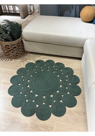Mavaux Hasır Jüt Çiçek Desenli Kilim Halı Yeşil