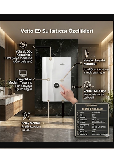 Veito Speed E9 Dokunmatik Dijital Ekranlı Ani Su Isıtıcısı Şofben - 9 Kw Güçlü Isıtma, Ip25 Su Geçirmezlik Tasarımlı Şofben Elektirikli Şofben Montaj Dahil Değildir.