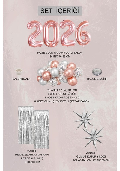 2026 Mezuniyet Parti Seti Rose Gold Gümüş Balon Seti Kutup Yıldızlı Premium Konsept Gümüş - Pembe