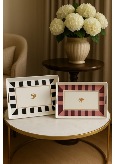 Makri Home 2 Adet Çizgili Desenli Servis Tepsisi 38x28x3,5 Cm, Siyah-beyaz Ve Bordo Çok Renkli