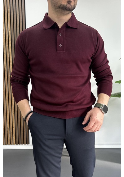 Edwox Erkek Düğmeli Polo Yaka Kazak Bordo Edw231 Bordo