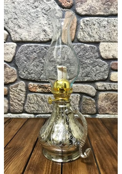 İşlemeli Bakır Gaz Lambası Büyük Boy, G10082 Gümüş