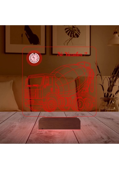 Luvivia Kamyon Beton Mikseri İnşaat Kişiye Özel Metal Saatli 3d Lamba - Masa Gece Lambası Şeffaf