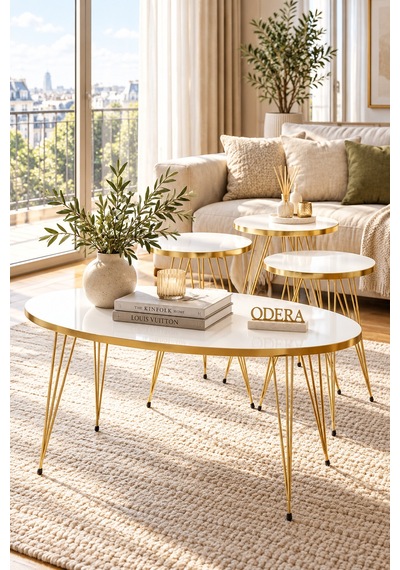 Odera Beyaz Oval Orta Sehpa Ve Yuvarlak Zigon Sehpa 4'lü Set Metal Ayaklı Retro Modern Salon Sehpası Beyaz - Altın