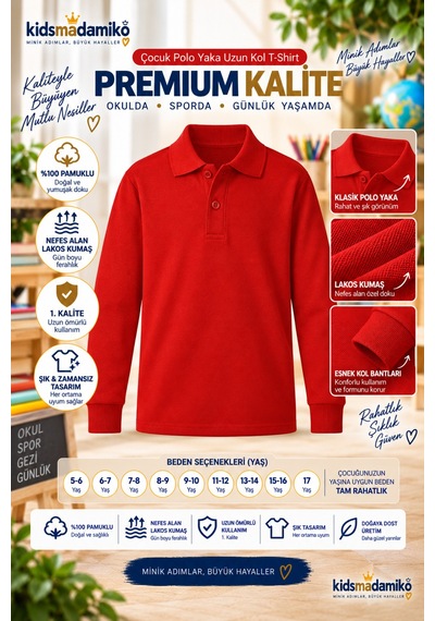 Kidsmadamiko Kız Çocuk Uzun Kollu Polo Yaka Pamuklu Okul T-shirt Kırmızı