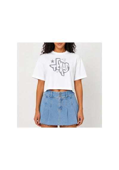 Urbantrendstore Crop Tişört Beyaz Texas Baskılı Rahat Kesim Raw Cut Basic Kısa Tshirt