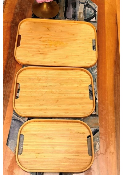 Makri Home Bambu Dikdörtgen 3'lü Tepsi Seti, Küçük Tepsi: 22x33 Cm, Orta Tepsi: 28x40 Cm, Büyük Tepsi: 33x45 Cm Ahşap