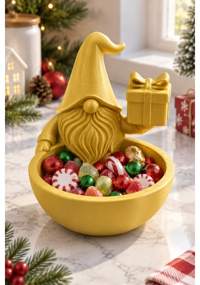 Tatil Şekerleme Temalı Noel Cücesi Figürlü Kase - Sunum Kabı Altın