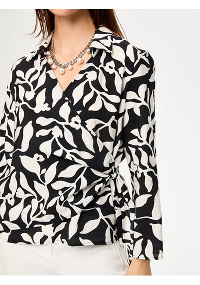 Monochrome Desen Beli Bağcık Detaylı Uzun Kol Bluz S26blz018 Us26blz01810 Siyah