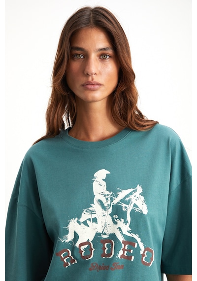 Grımelange Majer Kadın %100 Organik Pamuklu Western Tema Baskılı Regular Fit Yeşil T-shirt