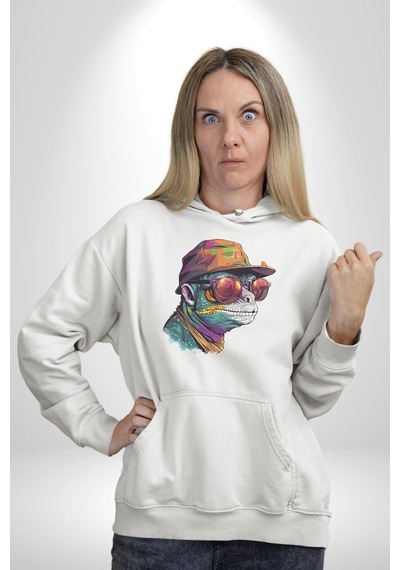 Gözlük Şapka Mukalemun Kadın Erkek Beyaz Kapüşonlu Sweatshirt Hoodie Beyaz