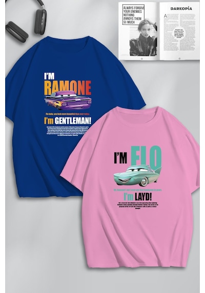 Unisex Kadın Erkek Ramone,flo Layd Ve Gentleman Baskılı Sevgili Çift Kombini Tasarım Oversize Tshirt Mavi Pembe Mck0514 Çok Renkli