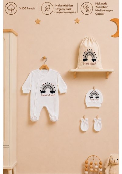 Pia Baby İsme Özel Erkek Bebek Tulum %100 Pamuk Organik Baskılı İsimli Bebek Tulumu Ham Bez Kıyafet Kesesi Bebek Hediye Seti 1086tk0x Krem