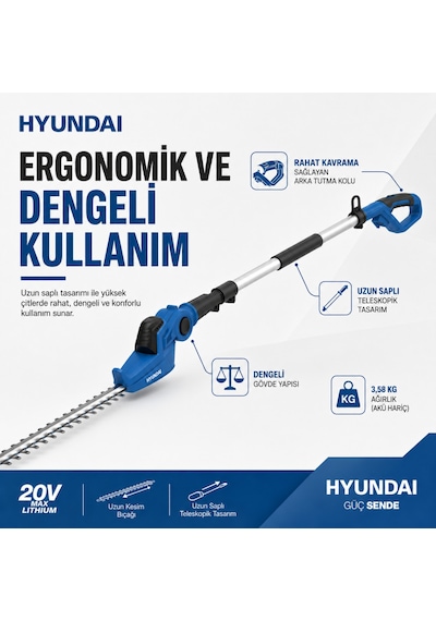 Hyundai Hy20cpht 20v Max Akülü Uzun Saplı Çit Budama Makinesi 16 Mm Kesim Akü Ve Şarj Cihazı Hariç