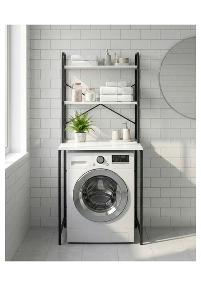 Reyo Falez Çamaşır Makinesi Üstü Dolap 2 Katlı Geniş Depolama Raf Ünitesi Metal Banyo Organizeri Siyah - 260 Beyaz