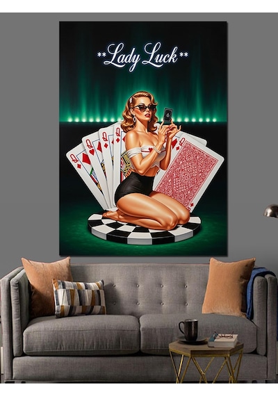 Poker Oynayan Hanımefendi Şansı Dekoratif Kanvas - Mdf Ahşap Tablo