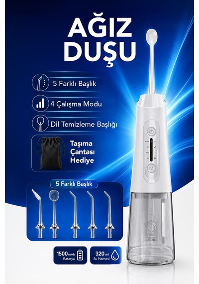 Şarjlı Ağız Duşu - 320ml Su Hazneli 5 Başlık 4 Çalışma Modlu Su Geçirmez Ağız Diş Dil Temizleyici Beyaz