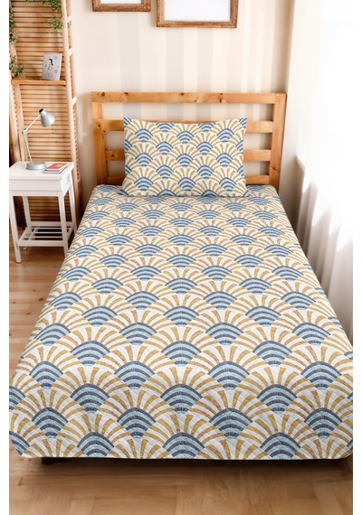 Geometrik Mavi Genç Odası Tek Kişilik Pike Takımı - Hardal Retro 160x220 Cm Kapitone Yatak Örtüsü Mat Pike Kırıntısı