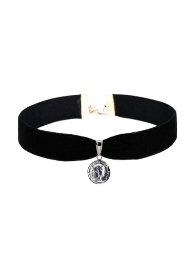 Siyah Renk Kadife Kadın Madalyon Choker Kolye Renkli