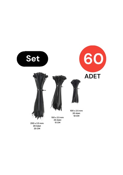 Tek-iş Plastik Kablo Bağı Cırt Kelepçe Set 100 Mm - 150 Mm - 250 Mm X 2.5 Mm Siyah 20 Şer Adet X 3 60 Adet