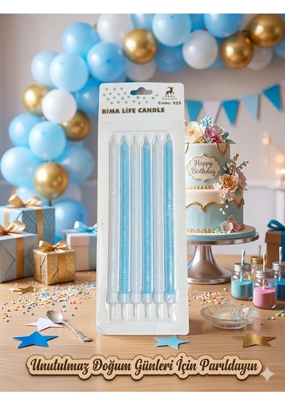 Rima Life Candle Mavi Simli Doğum Günü Pasta Mumu, Uzun Boy, Parlak Finish, Kutlama İçin, 6'lı Paket +0