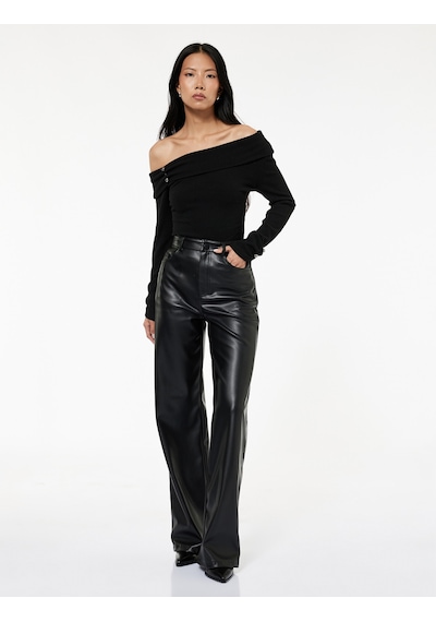 Koton Slim Fit Aksesuarlı Uzun Kollu Omzu Açık Bluz Siyah 6wak80121pk