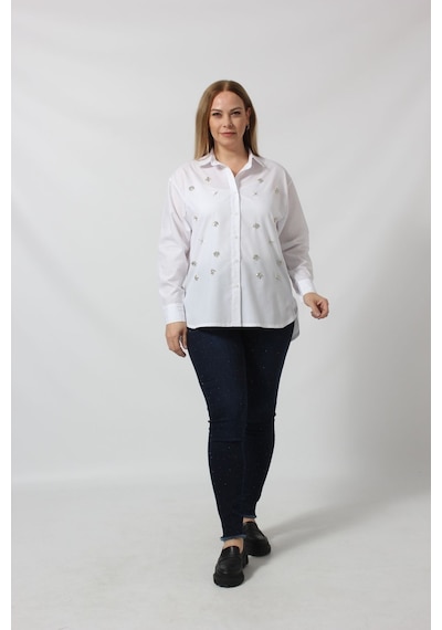 Moda Berray Beyaz Taş İşlemeli Şık Gömlek Beyaz