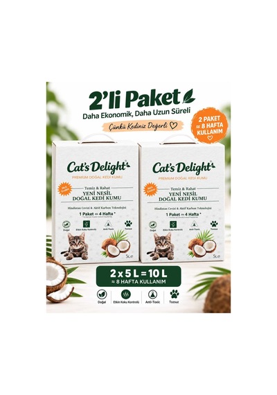 Hindistan Cevizi Kabuğu & Aktif Karbon Teknolojili Kedi Kumu 5 Litre X 2 Adet